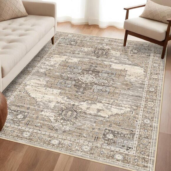 New 4x6 Beige Washable Area Rug, Vintage Non-Slip Carpet for Home & Room Decor - Picture 1 of 7